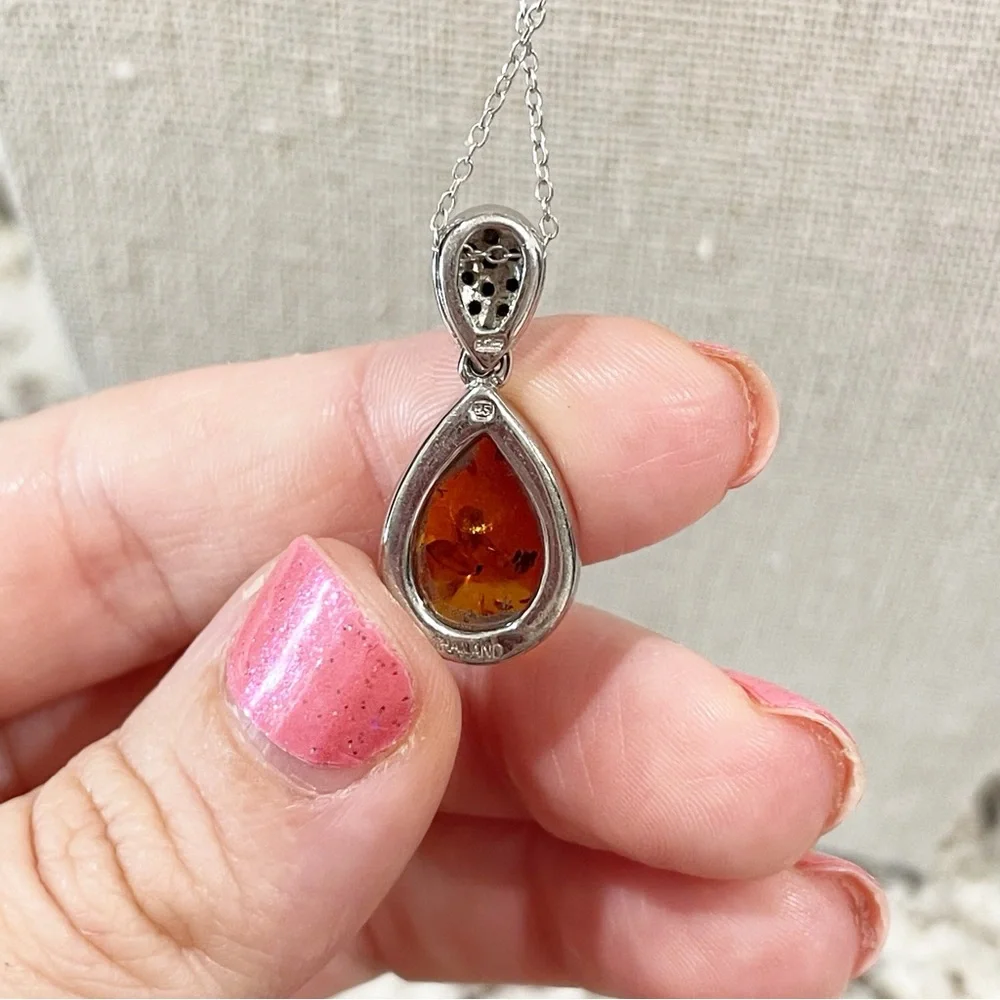 JTV Teardrop Amber and Black Stone Pendant Necklace Sterling Silver - Picture 4 of 5